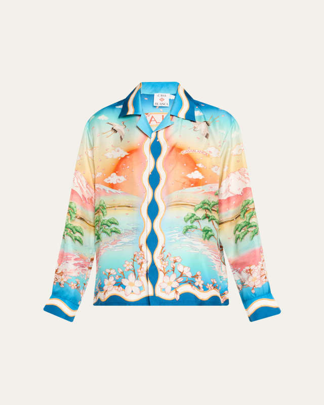 Printed Silk Long-Sleeve Camp Shirt